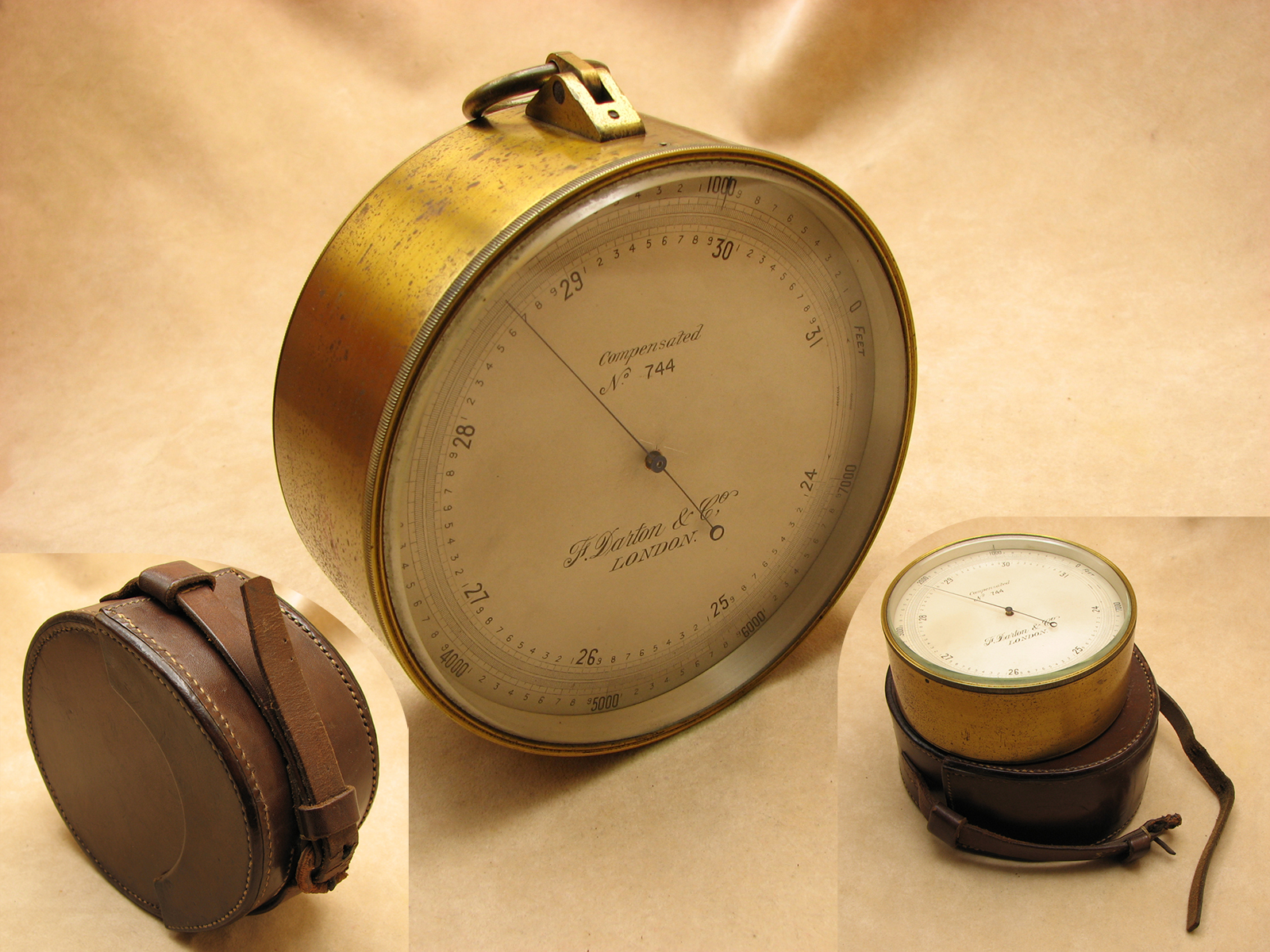 Late Victorian brass cased barometer
& altimeter signed 'F. Darton & Co, London' with leather case